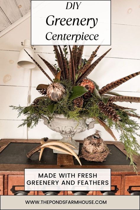 Create A Rustic-Chic Greenery and Pheasant Feather Centerpiece Centerpiece With Antlers, Diy With Feathers, Rustic Christmas Table Centerpieces, Pheasant Feather Centerpieces, How To Display Deer Antlers, Pheasant Feather Wreath, Hunting Party Decorations, Antler Christmas Decor, Pheasant Feather Decor