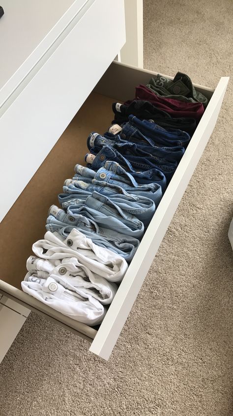 #jeans #draw #ikea #malm #organization #clothes #pants #outfits #clean #folded Clothes Draws Organization, Pant Drawer Organization, Malm Dresser Organization, Pants Drawer Organization, Clothing Drawers Organisation, Dresser Clothes Organization, Malm Drawers Organization, Draws Organization, Ikea Drawer Organization