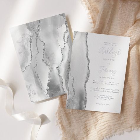 Modern Silver Gray White Agate Wedding Foil Invitation White Silver Wedding, Silver Wedding Invitations, Elegant Modern Wedding, Gold Foil Wedding Invitations, Agate Wedding, Afternoon Wedding, Wedding Invitation Size, Modern Wedding Invitation, Wedding Anniversary Invitations