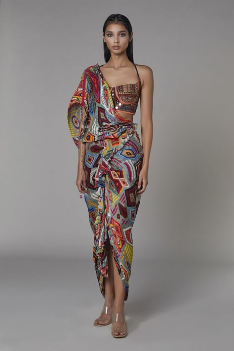 Buy Saaksha & Kinni Multi Color Chiffon Abstract Print Draped Dress Online | Aza Fashions