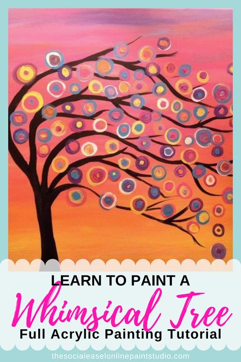 When I very first started my paint party business, I sat in my kitchen and came up with this Whimsical Tree design. I wanted a simple tutorial because I was nervous. It was SO FUN! I ended up teaching this painting many times. It's the perfect tutorial for all! #thesocialeaselonlinepaintstudio #acrylicpaintingforbeginners #artlessons How To Blend Acrylic Paint For Beginners Simple Painting On Canvas Techniques How to Paint A Sunset Art Lessons Easy Whimsical Tree Kid Art Ideas Painting For Kids Whimsical Abstract Paintings, Spring Artwork For Kids, Whimsical Acrylic Paintings, Whimsical Tree Art, Easy Tree Painting For Beginners, Whimsical Painting Ideas, Easy Colorful Paintings, Directed Painting, Whimsical Art Paintings Acrylics