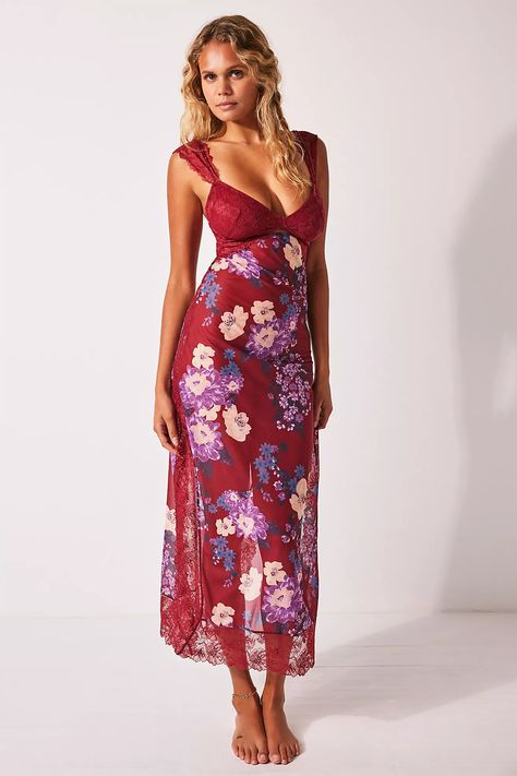 Suddenly Fine Maxi Slip | Free People Free People Slip Dress, Summer Maxi Dress Floral, Cooler Style, Free People Maxi Dress, Vacay Outfits, Woman Wine, Long Bodycon Dress, Scallop Trim, Lace Patchwork