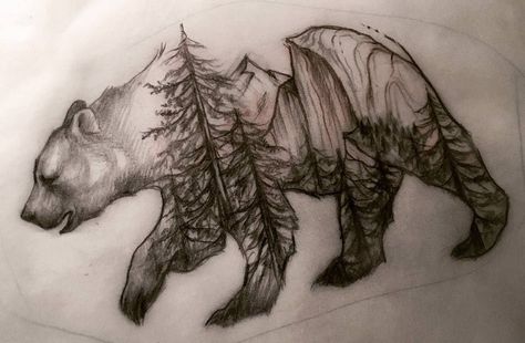 Bear With Trees Tattoo, Bear With Forest Tattoo, Mountain Animal Tattoo, Yosemite Tatoos, Bear Side Profile Tattoo, Mountains And Bear Tattoo, Bear And Tree Tattoo, Bear Tree Tattoo, Mountain And Bear Tattoo