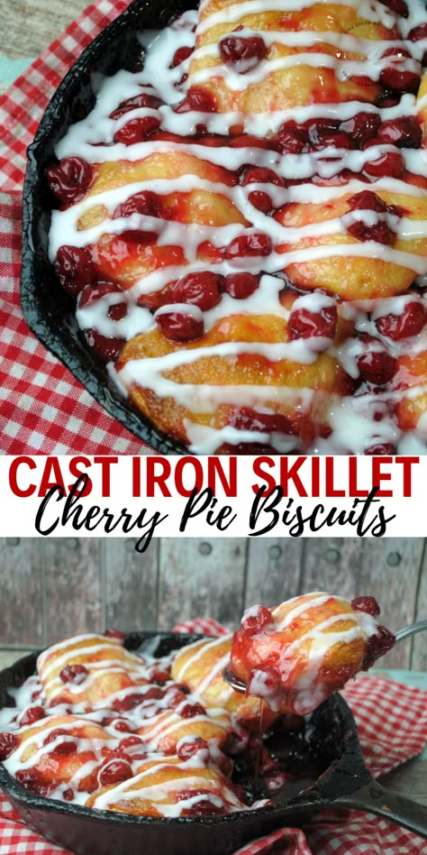 Cast Iron Skillet Cherry Cobbler Recipe - Dine Dream Discover Cast Iron Cherry Pie, Cast Iron Pie Pan Recipes, Cast Iron Desserts Camping, Cast Iron Desserts On The Grill, Campfire Cobbler Cast Iron, Cast Iron Biscuit Pan Recipes, Cherry Pie Biscuits, Cast Iron Cobbler Recipe, Cast Iron Skillet Desserts Easy