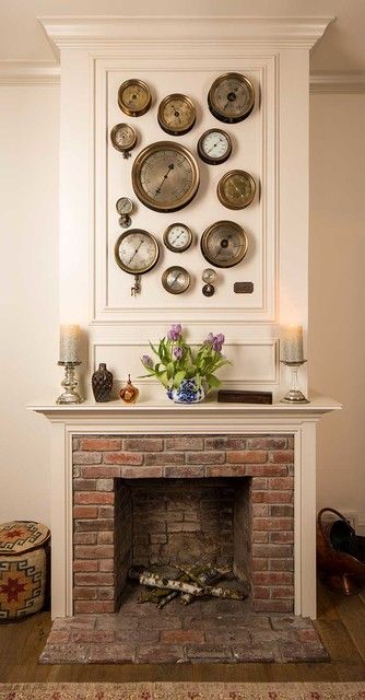 Steampunk-Meets-Farmhouse Fireplace - Victorian - Living Room - San Francisco - by Urban Chalet Inc. | Houzz AU Clock Over Fireplace, Simple Mantle, Fireplace Clock, Living Room Fireplace, Steampunk Theme, Victorian Living Room, Light Hardwood Floors, Steampunk Clock, Clock Display