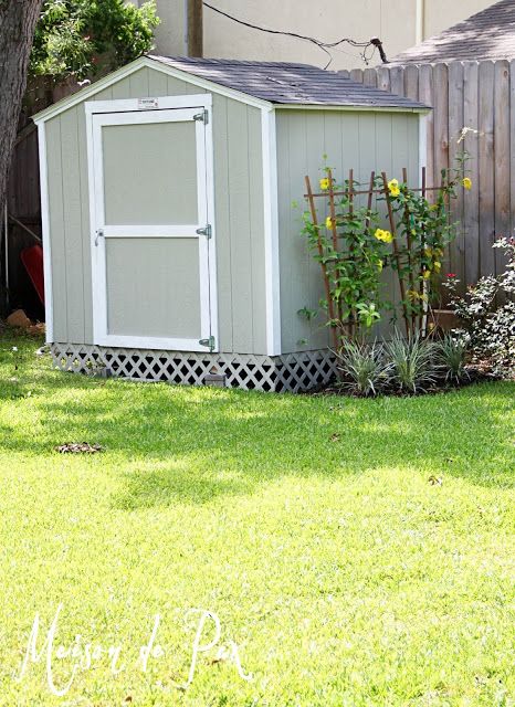 trellis to cover bottom of shed! Bottom Of Shed Ideas, Storage Shed Skirting Ideas, Ideas To Cover Bottom Of Shed, Metal Garden Shed Makeover, Diy Metal Shed Makeover, Shed Skirting Ideas, Elevated Shed Foundation, Outside Sheds, Mobile Home Porch