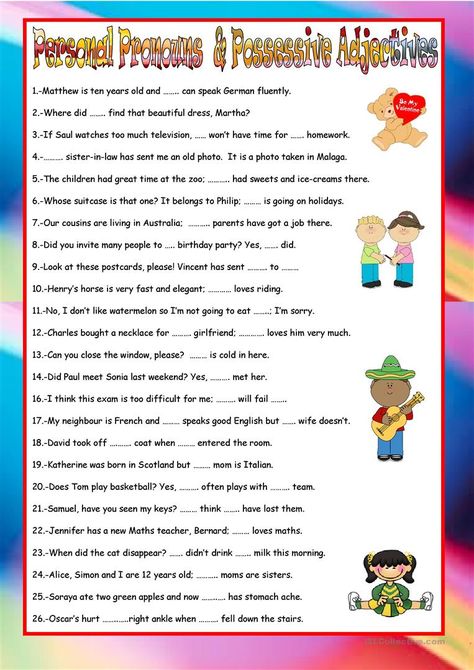 Possessive Adjectives Spanish, Pronoun Sentences, English Charts, English Pronouns, Personal Pronouns Worksheets, Adjectives Grammar, Pronoun Activities, Writing Elementary, 2nd Grade Reading Worksheets