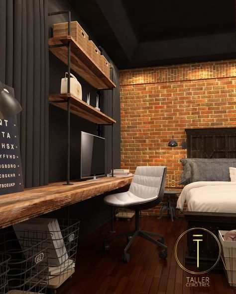 Busca imágenes de Recámaras de estilo industrial en negro: Recamara. Encuentra las mejores fotos para inspirarte y crea tu hogar perfecto. Industrial Style Bedroom, Romantic Bedroom Decor, Industrial Bedroom, Industrial Interior Design, Bedroom Setup, Room Design Bedroom, Home Office Setup, Industrial House, Basement Ideas