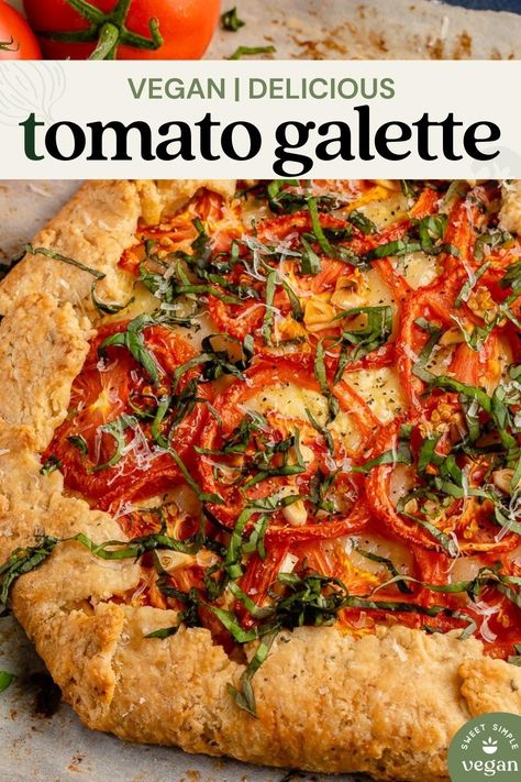 This savory tomato galette is dressed to impress. This recipe is sure to be a hit with three types of vegan cheese, a thick layer of caramelized onions, and sweet ripe tomatoes. Don't let its fancy look fool you-- it's easy to throw together and requires simple ingredients. #tomatorecipe #vegantomatogalette #savorygalette #galette #tomatogalette #veganricotta #vegancheese #dairyfree #eggfree #easyveganrecipe #summerrecipe Awesome Vegan Recipes, Vegan Gallete Recipe Savory, Vegan Heirloom Tomatoes Recipes, Vegan Tomato Recipes, Vegan Galette, Tomato Galette, Savoury Breakfast, Vegan Mediterranean, Vegan Ricotta