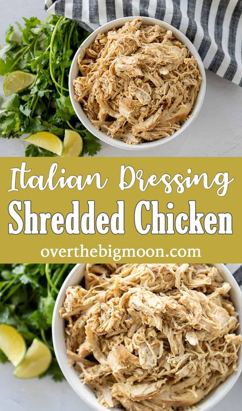 A flavorful Italian Dressing Chicken recipe, combining tender chicken breasts with zesty Italian dressing, garlic, dry ranch seasoning, chili powder, and cumin. A savory dish that promises to be a hit at every meal! The perfect shredded chicken for tacos, enchiladas, salads, quesadillas, soups and more! From overthebigmoon.com #shreddedchicken #italiandressingchicken #italianchicken #ranchseasoningchicken #caferiochicken Crockpot Chicken With Italian Dressing, Shredded Italian Chicken Crockpot, Chicken Italian Dressing Crockpot, Zesty Italian Chicken Crockpot, Italian Dressing Chicken Crock Pot, Crockpot Chicken Italian Dressing, Zesty Italian Chicken, Mini Crockpot Recipes, Ranch Seasoning Recipes