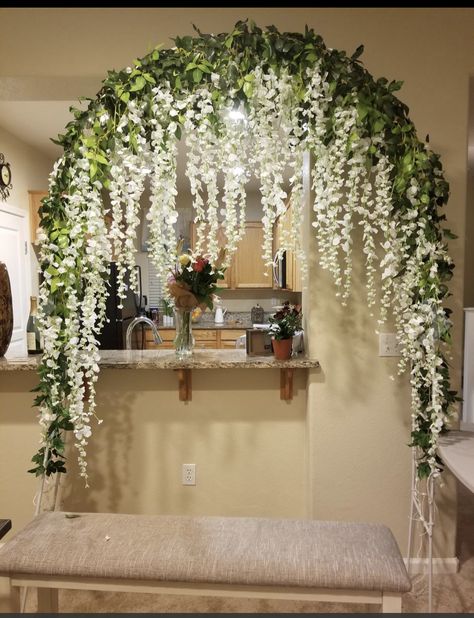 Hanging Flowers Wedding, Enchanted Forest Prom, Wisteria Wedding, Vine Garland, Zimmer Diy, White Wisteria, Ganpati Decoration Design, Quinceanera Themes, Arch Decoration