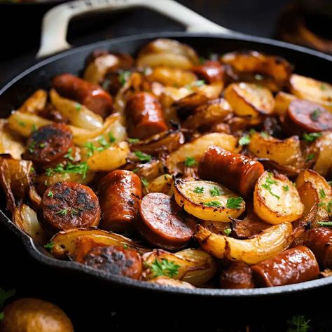 Fried Potatoes Onions And Smoked Polish Sausage - Life with Susan Polish Sausage Recipes, Polish Sausage, Sausage Potatoes, Potato Onion, Crispy Potatoes, Smoked Sausage, Fried Potatoes, Sausage Recipes, Sausages