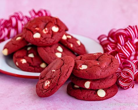 Red Velvet Cake Mix Cookies • Love From The Oven Red Velvet Cake Mix Cookies, Cake Box Cookies, Box Cookies, Velvet Cookies, Red Velvet Cake Mix, White Chocolate Chip, Red Velvet Cookies, White Chocolate Chip Cookies, Custom Recipe