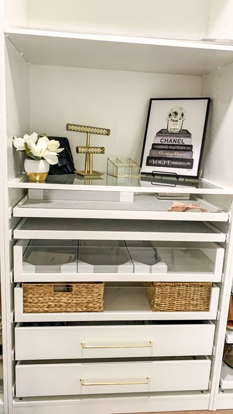 Ikea Pax Closet Office, Jewelry Organizer In Closet Walk In, White And Gold Closet Ideas, White And Gold Dressing Room, Small Glam Closet, Jewelry Area In Closet, Jewelry Station In Closet, Closet Jewelry Drawer, Makeup Closet Ideas