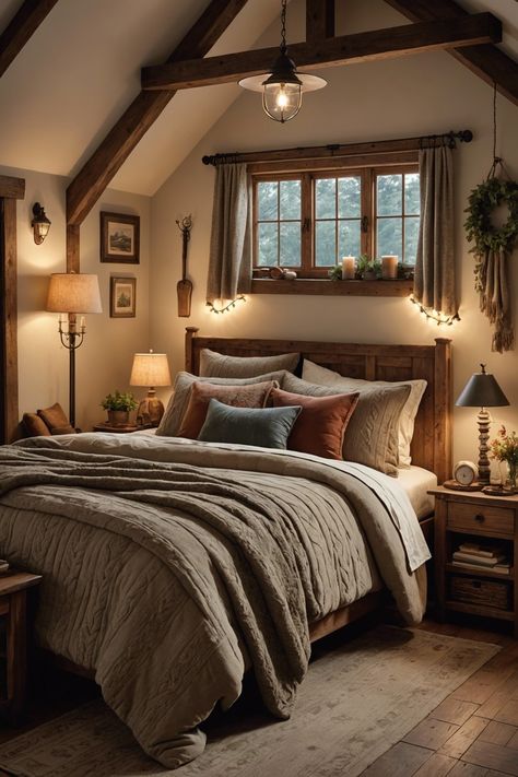 Craftsman Style Homes Interior Bedrooms, Cabin Bedding Ideas, Cottage In The Woods Interior, Wooden Bed Bedroom Ideas, Lodge Bedroom Ideas, Homestyle Fries, Master Bedrooms Cozy, Cabin Interiors Bedroom, Bedding Ideas Cozy