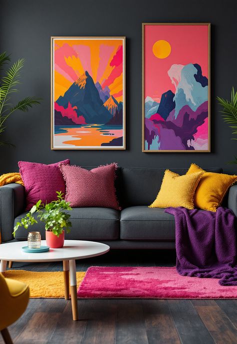 Dark Grey Couch Living Room Ideas Maximalist Living Room Gray Couch, Dark Living Room With Pop Of Color, Dark Walls Bright Decor, Colorful Living Room Grey Couch, Adding Color To Grey Living Room, Grey Couch Living Room Ideas Colorful, Grey Living Room Ideas With Pop Of Color, Charcoal Couch, Colorful Lounge