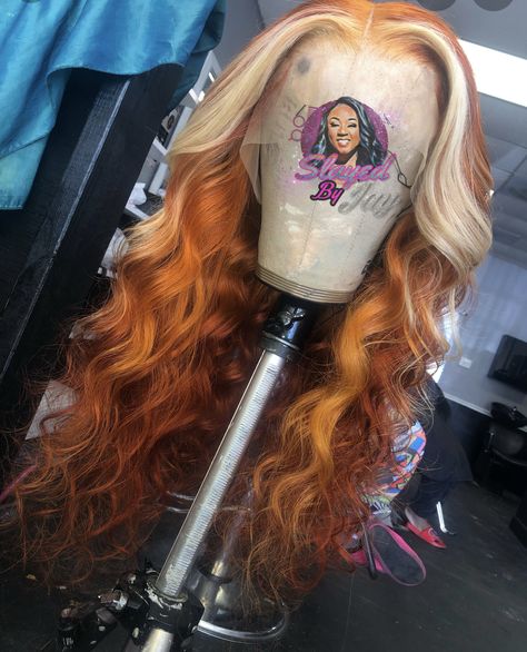 Ginger Lacefronts, Ginger Wig Blonde Highlights, Orange Wig With Blonde Highlights, Ginger And Blonde Wig Black Women, Ginger With Blonde Streak, Blond And Orange Hair, Ginger And Blonde Wig, Orange Hair With Blonde Streak, Orange And Blonde Hair Black Women