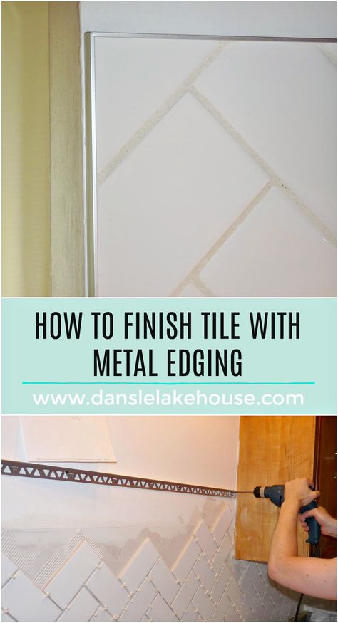 Learn How to Finish Tile With Metal Edging with These Easy Steps. If You're Wondering How to Finish a Tile Edge in a Bathroom or Kitchen Backsplash, This is a Great Solution to Hide Cut Edges and Create a Polished Look. #tiling #finishtile #herringbone Cheap Decor Ideas, Christmas Lights House, Bathtub Designs, Tile Edge Trim, Outdoor Lighting Design, Diy Kitchen Backsplash, Diy Outdoor Lighting, Metal Edging, Metallic Backsplash