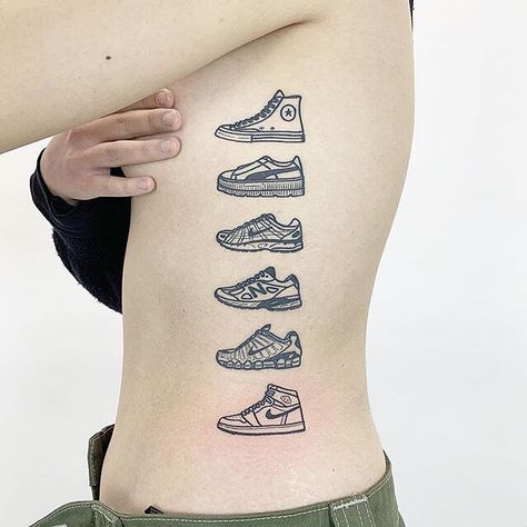 Running Shoe Tattoo, Shoe Tattoo Ideas, Sneaker Tattoo, Shoe Tattoo, Tattoos For Women Meaningful, Unique Tattoos For Women, Unique Tattoos For Men, Shoe Tattoos, Rose Tattoos For Women