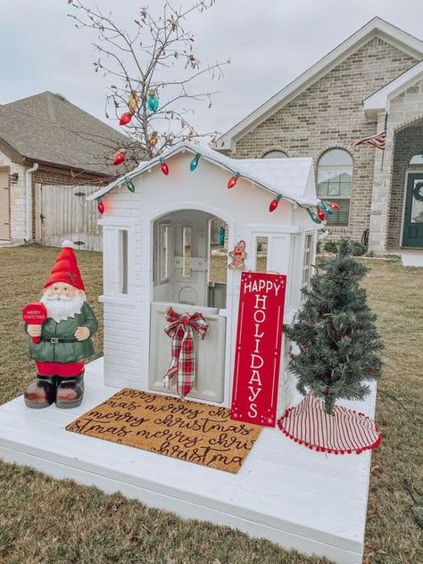 20 Kids Christmas Playhouse Decor Ideas » Lady Decluttered Christmas Playhouse Decoration, Playhouse Fall Decor, Christmas Lights On Playhouse, Fall Playhouse Decor, Little Tykes Playhouse Gingerbread House, Christmas Play House Diy, Kids Playhouse Christmas Decor, Decorating Playhouse For Christmas, Outdoor Playhouse Christmas Decor