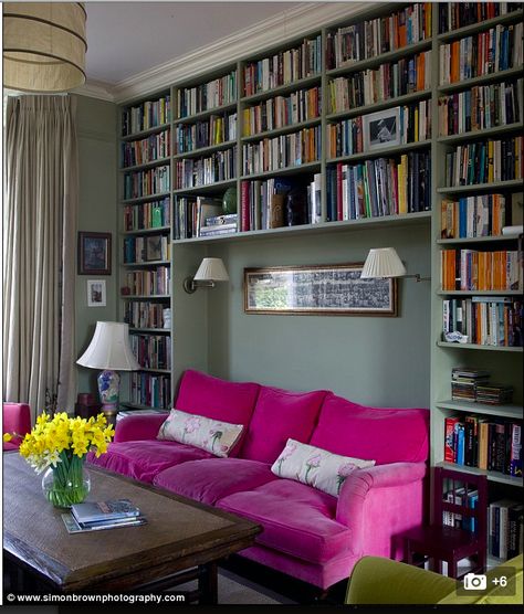 Sofa in niche with bookshelves.  Sconces. Add Chaise to sofa Ideal Lifestyle, Hal Decor, Home Library Design, Home Libraries, Living Room Diy, Home Library, Room Layout, Front Room, Dream Homes