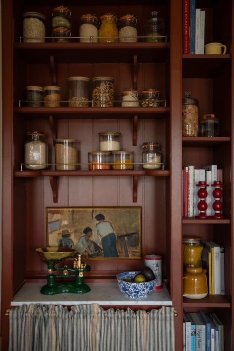 Pantry Shelf Layout, Country Kitchen Black Cabinets, Exposed Pantry Ideas, No Pantry Storage Ideas, Forest Themed Kitchen, Eclectic Pantry, Devol Pantry, Apothecary Aesthetic Kitchen, Larder Shelving