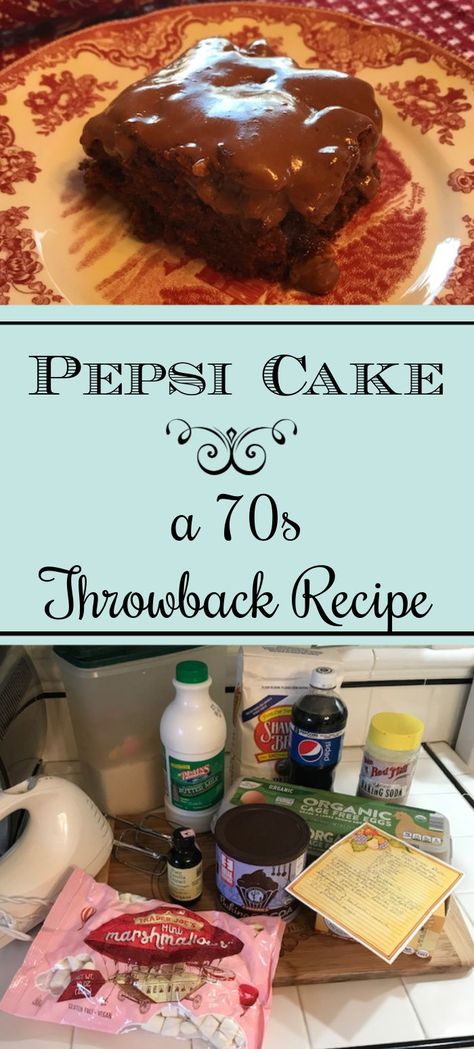 A homemade chocolate cake made popular during the 1970s, Pepsi Cake was my mom's go-to cake for much of my childhood. Sweet, rich, chocolate-y goodness. #cake #recipe #vintage #chocolate #dessert 1970s Dessert Recipes, Pepsi Desserts, Pepsi Cake, Homemade Cake Recipes Chocolate, 80s Food, Cake Mix Recipe, Soda Cake, Cola Cake, Chocolate Sheet Cake