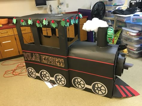 Cardboard train polar express library display Cardboard Train, Polar Express Christmas Party, Polar Express Theme, Train Crafts, Christmas Parade Floats, Polar Express Party, Cardboard Creations, Ward Christmas Party, Polar Express Train