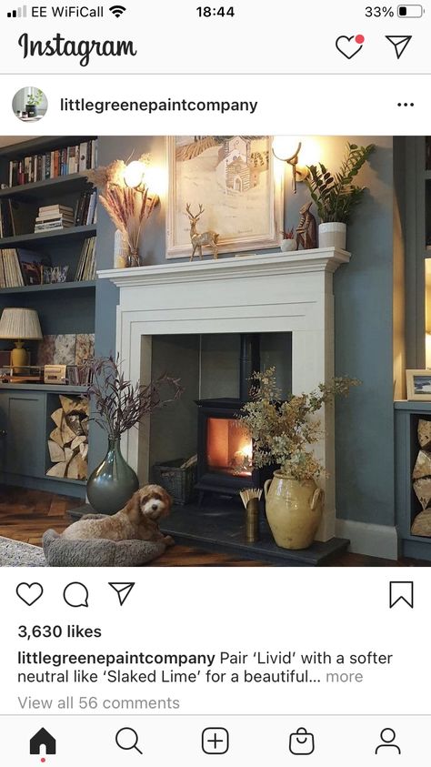 Farrow And Ball Living Room, Slaked Lime, Wood Burner Fireplace, Victorian Living Room, Living Room Renovation, Living Room Decor Colors, Piano Room, Living Room Decor Fireplace, Cosy Living Room