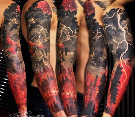 Tornado Tattoo, Space Tattoo Sleeve, Firefighter Tattoo, Lightning Tattoo, Mother Nature Tattoos, Tattoo Nature, Flame Tattoos, Nature Tattoo, Forest Tattoos