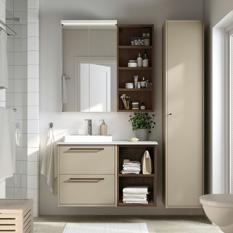 Beige Bathroom Vanity Cabinets, Toilet Cabinet, Little Bathroom, Bathroom Cabinets Designs, Relaxing Bathroom, Bathroom Furniture Storage, Bathroom Retreat, Ikea Bathroom, Drawer Divider