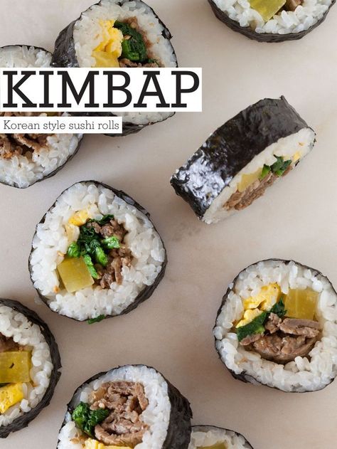 “Kimbap is basically korean-style sushi rolls with really no fish involved. It’s pretty much a marinated beef, veg and rice roll with many many variations.” | homemade sushi recipe No Fish Sushi, Beef Sushi Roll, Kimbap Recipe Korean, Kimbap Recipe, Korean Sushi, Beef Sushi, Diy Condiments, Fish Sushi, Spoon Fork Bacon