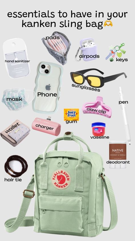 #mintgreenkankenslingbag#kanken#essentials#slingbag#aesthetic#bagessentials#green Sling Bag Essentials, Kanken Sling Bag Aesthetic, Kanken Bag Aesthetic, Kanken Wallet, Fjallraven Kanken Aesthetic, Kanken Backpack Aesthetic, Bookbag Aesthetic, Pink Kanken, Kanken Aesthetic