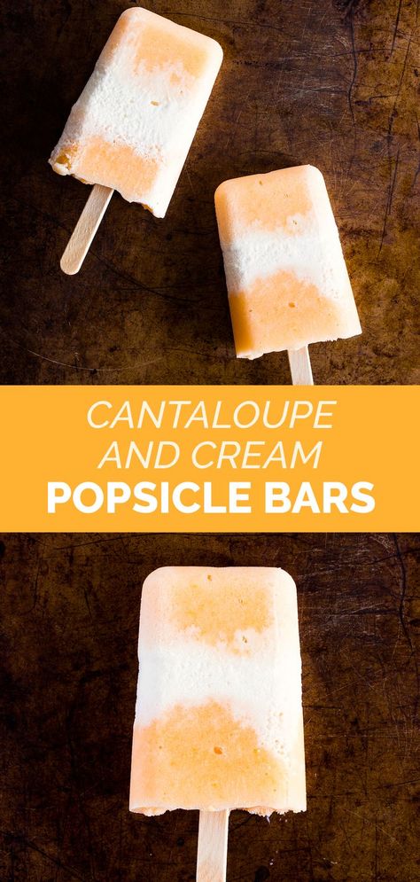 layered creamsicle bars with cantaloupe puree and vanilla ice cream Popsicle Bar, Fruit And Cream, Cantaloupe Recipes, Hanukkah Dinner, Food Stories, Popsicle Recipes, Summer Dessert, Summer Treats, Homemade Ice Cream