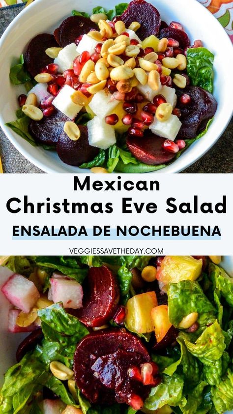 Colorful Mexican Christmas Eve Salad (Ensalada de Nochebuena) is a delicious combination of lettuce, beets, and fruit with an orange dressing. Christmas Eve Salad, Mexican Fruit Salads, Nacho Taco, Orange Dressing, Christmas Salad, Orange Vinaigrette, Beet Salad Recipes, Christmas Salads, Vegan Mexican Recipes