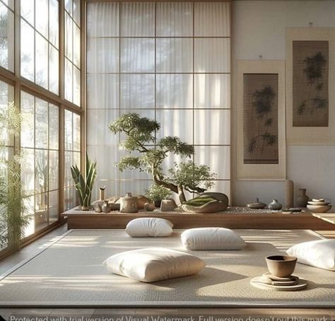 Zen Home Aesthetic, Zen Garden Living Room, Japanese House Decor Interior Design, Japanese Yoga Room, Japan House Design Modern, Living Room Trends 2024, Minimalist Zen Interior, Zen Interior Design Living Room, Zen House Decor