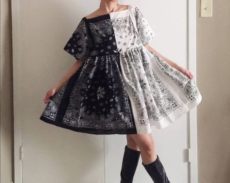 MouseDarlingCo - Etsy Bandana Dress, Dresses Handmade, White Bandana, Half And Half, Upcycled Fashion, Black & White, Houston Texas, Babydoll Dress, Upcycle Clothes