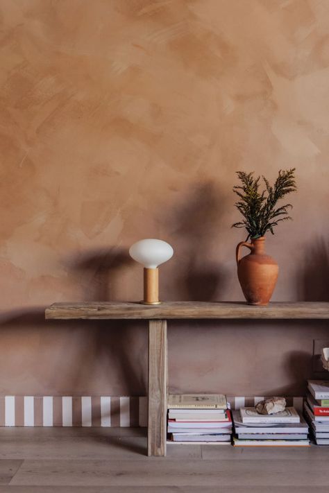 Limewash Plaster Wall, Clay Coloured Walls, Earthy Living Room Wall Color, Lime Wash Terracotta Wall, Limewash Aesthetic, Limewash Gallery Wall, Rust Limewash Wall, Textured Painting Walls, Terracotta Lime Wash Paint