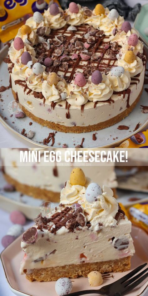 A Delicious & Sweet No-Bake Vanilla Mini Egg Cheesecake with a Buttery Biscuit Base, full to the brim with Mini Eggs – Perfect *non*bake for Easter! Jane Patisserie, Mini Egg Cheesecake, Mini Egg Recipes, Mini Eggs Cake, Lemon Raspberry Cake, Easter Cheesecake, Easter Cooking, Janes Patisserie, No Egg Desserts