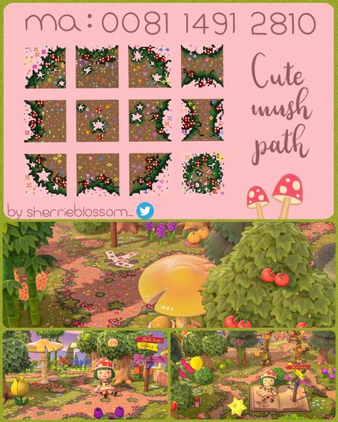 Acnh Paths Mushroom, Animal Crossing Path Codes Fairycore, Cottage Core Animal Crossing Path, Acnh Forest Path Designs, Rock Pattern Animal Crossing, Acnh Moss Path Code, Mushroom Animal Crossing Code, Animal Crossing Whimsical Codes, Acnh Mushroom Forest Path