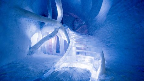 Twenty themed suites, a frozen art gallery and an ice staircase feature in Icehotel's first permanent lodgings, which have now been unveiled in Sweden. Ice Hotel Sweden, Ice Aesthetic, Frozen Art, Ice Palace, Ice Hotel, Ice Castles, Ice Cave, Ice Sculptures, Hotel Interiors