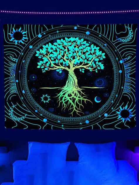 Glow In The Dark Tapestry, Dark Tapestry, Witchcraft Design, Purple Tapestry, Witchy Home Decor, Crystal Wall, Tree Pattern, New Space, Space Decor