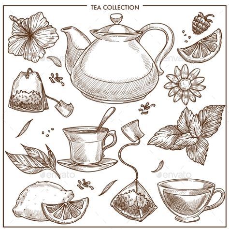 Tea Earl Grey Hot Tattoo, Drawing Tea Cup, Tea Set Illustration, Teapot Drawing Sketches, Teapot Drawing Simple, Cute Teapot Drawing, Green Tea Tattoo, Tea Pot Sketch, Tea Cups Drawing