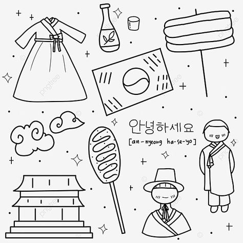 Easy Drawings Korean, Korean Easy Drawing, South Korea Doodle, Korean Things To Draw, Korean Doodle Art, Art Korean Drawings, Korean Cute Drawing, Korean Aesthetic Drawing, Korean Drawing Ideas