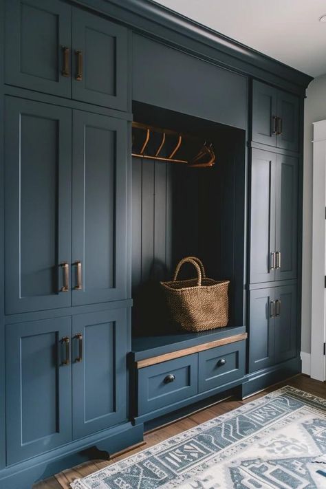 Chic Farmhouse Mudroom Ideas to Inspire You Mudroom Bench With Tall Cabinet, Slate Floors Mudroom, Blue Grey Mudroom, Fun Mudroom Ideas, Small Hallway Mudroom, Dark Wood Mudroom, Mudroom Corner Cabinets, Formal Mudroom, Back Entry Mudroom