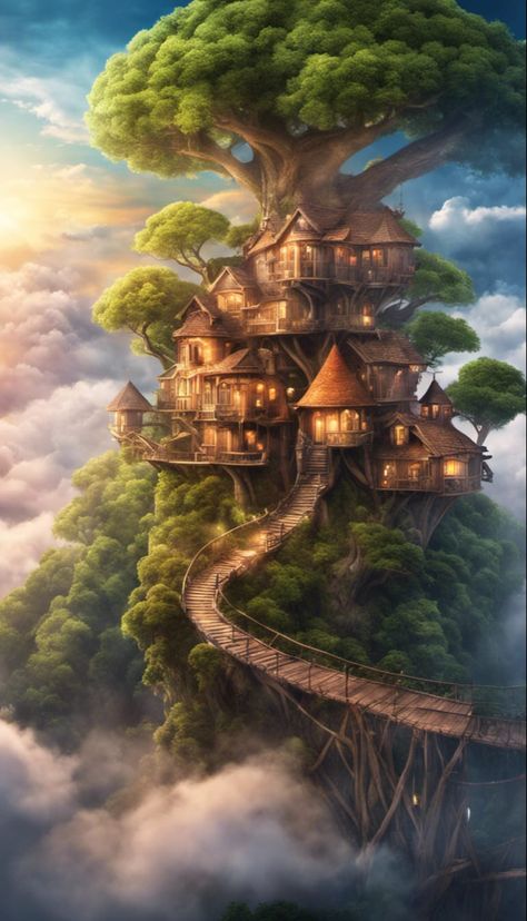 Beautiful treehouse city in an enchanted forest in the clouds Magical Treehouse, Fantasy Tree Village, Forest City Fantasy Art, Fantasy Treehouse Concept Art, Tree House Fantasy Art, Fantasy Treehouse Art, Fantasy Treehouse Drawing, Treehouse City Fantasy Art, Fantasy Treehouse Interior Art