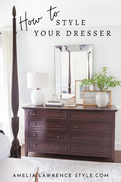 How To Style A Bedroom Chest Of Drawers, Pretty Bedroom Dressers, Styling A Dresser Top Bedroom, Dresser Top Styling Ideas, Mirrored Dresser Decor, How To Decorate Top Of Dresser Bedrooms, Above Dresser Mirror Ideas, Stage A Dresser Top, What To Put On Bedroom Dresser