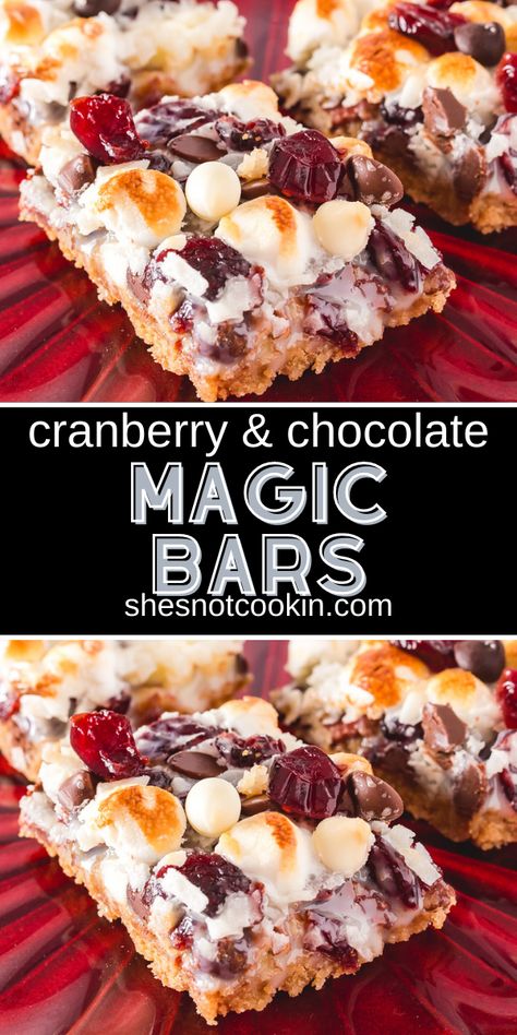 Chocolate Magic Bars, 7 Layer Magic Bars, Pecan Bars Recipe, Magic Bars Recipe, Magic Cookie Bar Recipe, Cranberry Chocolate, Christmas Cookie Bars, Cranberry Bars, Easy Holiday Desserts