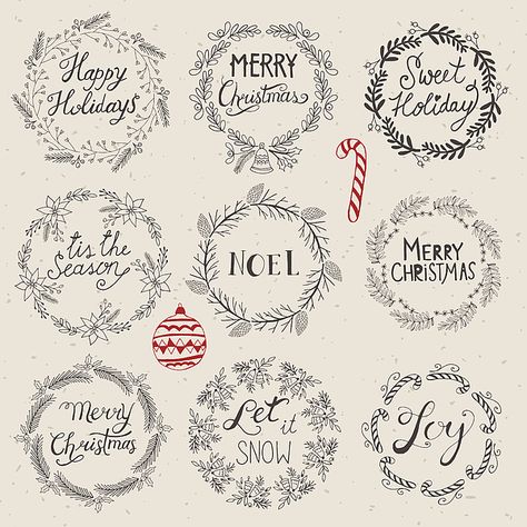 Christmas Wreath Illustration, Hand Drawn Christmas, Wreath Illustration, Christmas Calligraphy, Wreath Drawing, Writing Letters, Christmas Doodles, Drawing Vector, Christmas Fonts