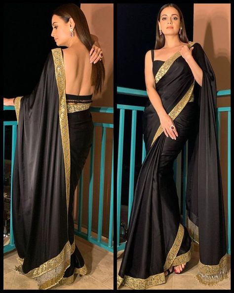 Plain Black Blouse Designs, Arpita Mehta Saree, Golden Blouse Design, Black Saree Designs, Saree Outfit, Nikki Tamboli, Black Blouse Designs, Plain Sarees, Fashion Thoughts